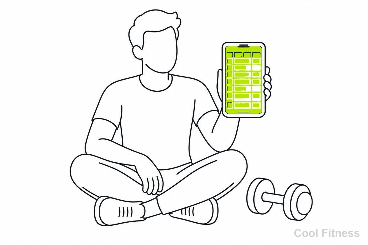 あぐらをかいて座り、週間トレーニング計画が表示されたスマートフォンを掲げている人の線画イラスト。画面がボルトライムでハイライトされ、床にダンベルが置かれている