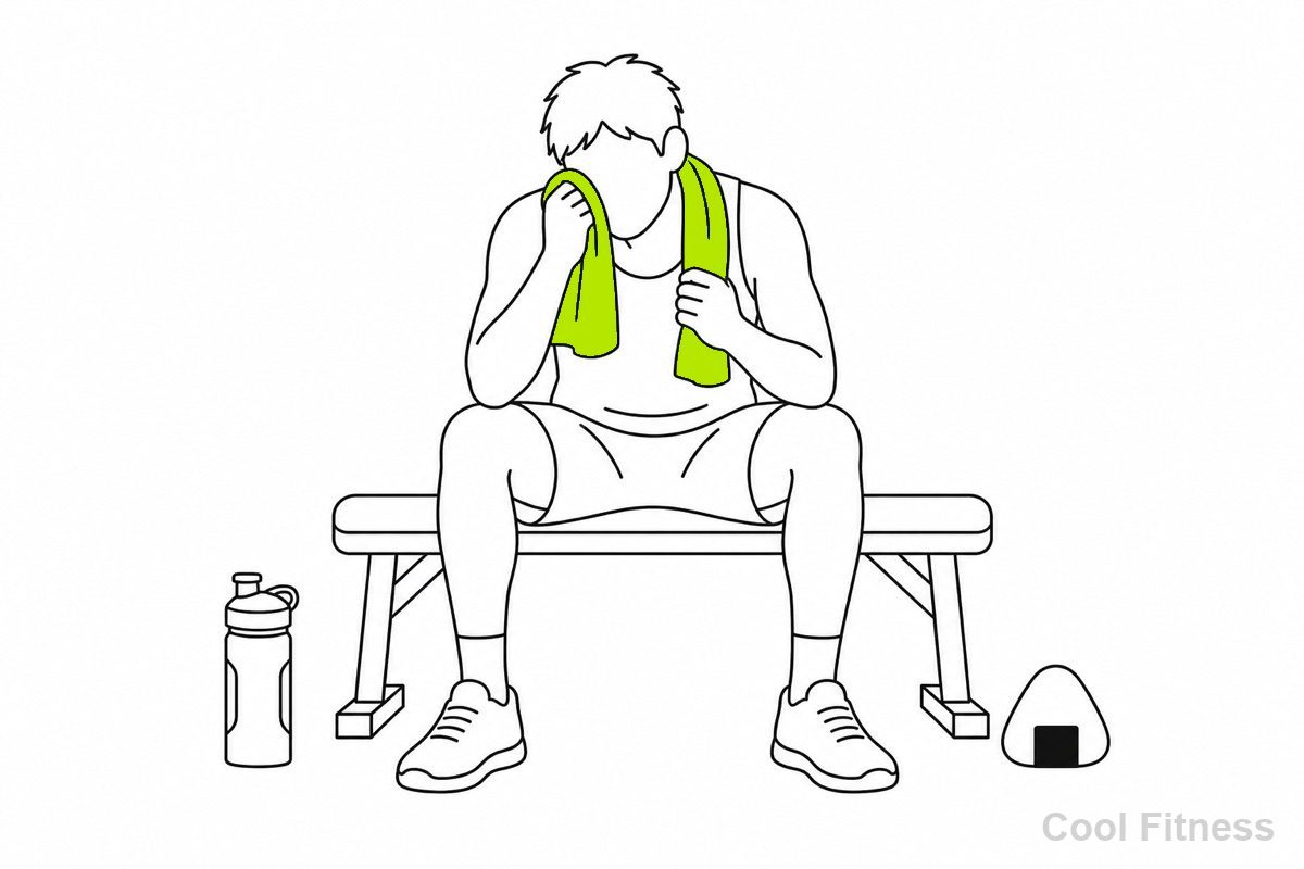 トレーニング後にベンチへ腰かけ、首にかけたタオルで顔を拭く人の線画イラスト。足元に水のボトルとおにぎりが置かれ、タオルをボルト色で強調