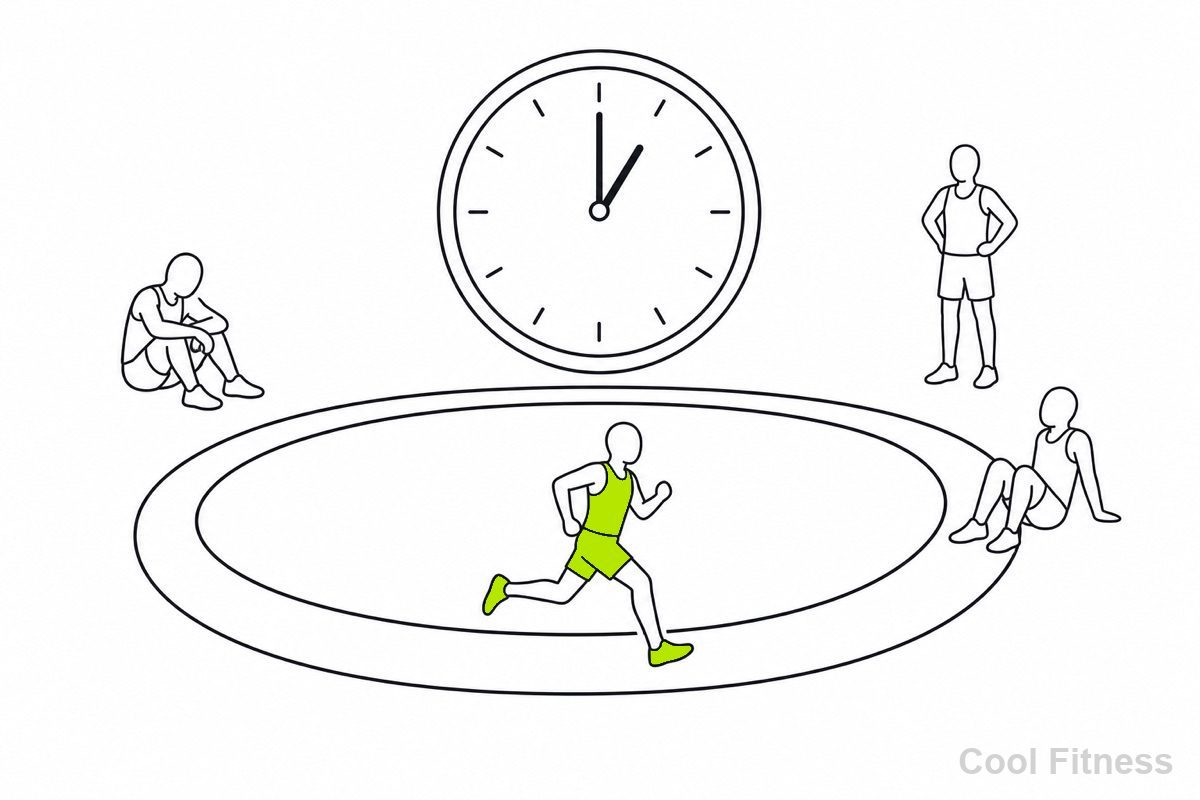 1時間ごとにスタートする周回コースと、時計・最後まで残ったランナーを表す線画イラスト