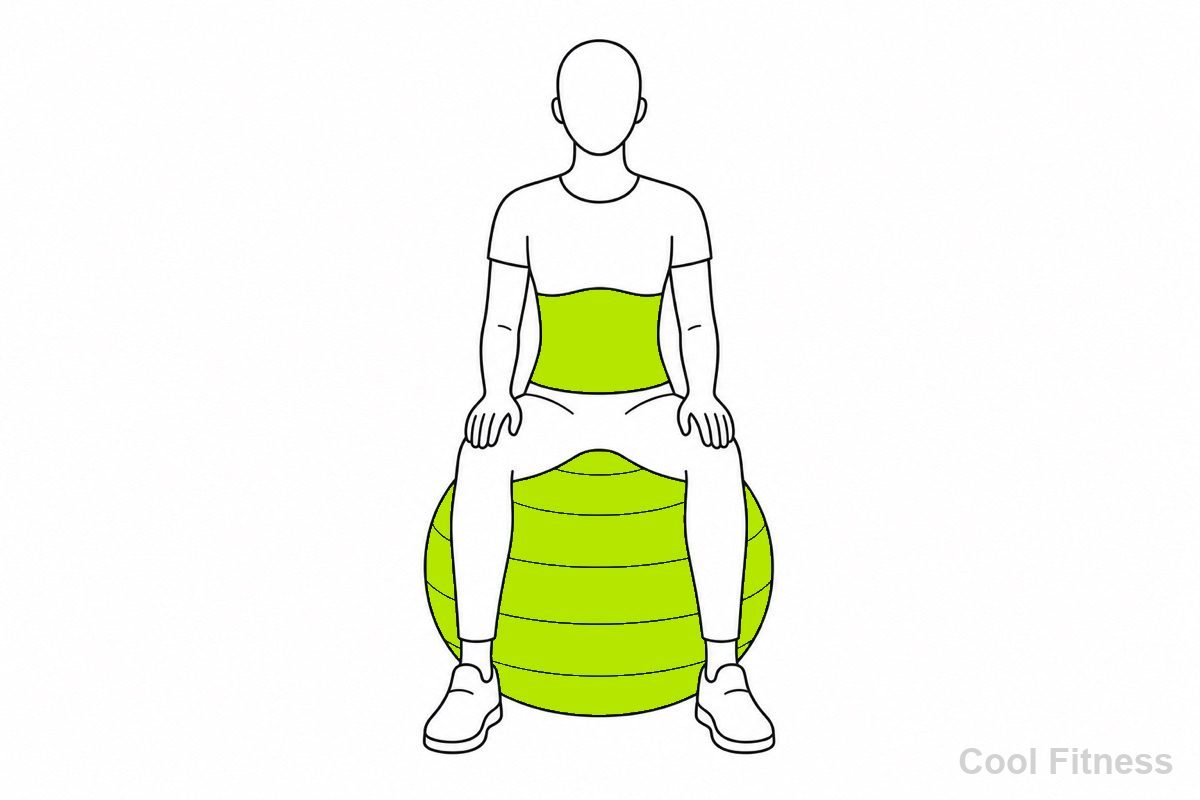 バランスボールに座って姿勢を保つ人物の線画イラスト。ボールと働く体幹をボルト色で強調
