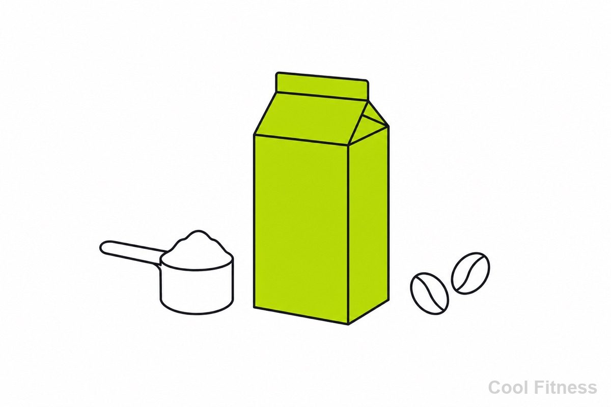 コーヒー牛乳の紙パック・コーヒー豆・プロテインスクープの線画イラスト。紙パックをボルト色で強調