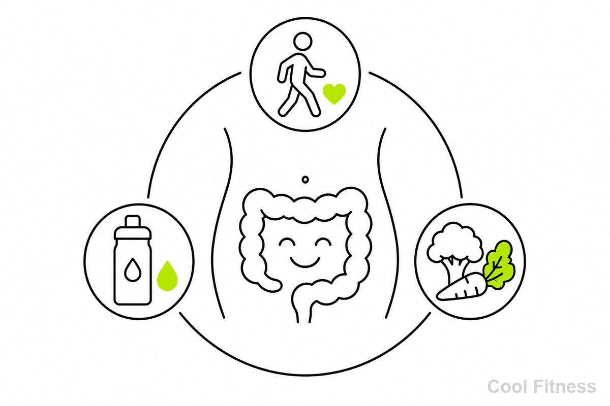 お腹と腸のイラストに、運動・水分・食物繊維でお通じを促す様子を示した線画