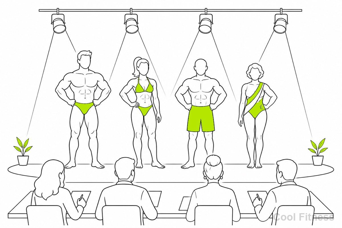 コンテストのステージに年代の違う出場者が並び、手前の審査員席から見ている場面の線画イラスト