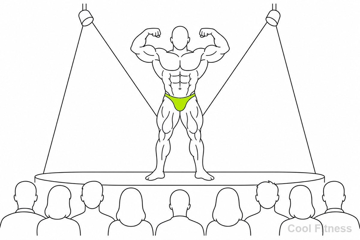ステージでフロントダブルバイセップスのポーズをとる選手と、客席から観戦する人々を描いた線画イラスト