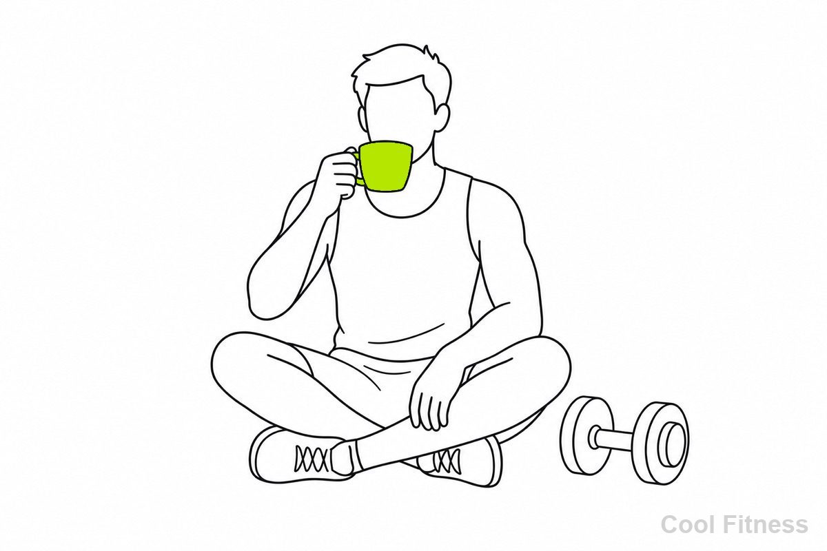 トレーニング前にコーヒーを飲む人物とダンベルの線画イラスト。コーヒーカップをボルト色で強調