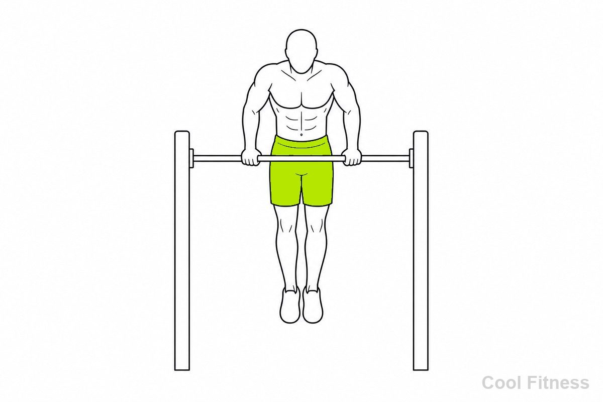 鉄棒でマッスルアップの体勢をとる人物の線画イラスト。引き上げる腕の筋肉をボルト色で強調
