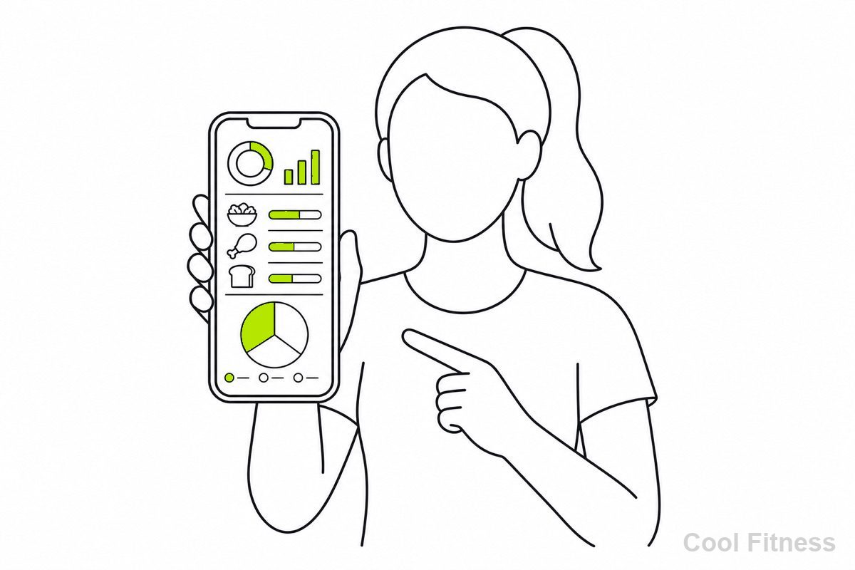 スマホのカロリー計算アプリに食事を記録し、カロリーとPFCのグラフを確認する人の線画イラスト