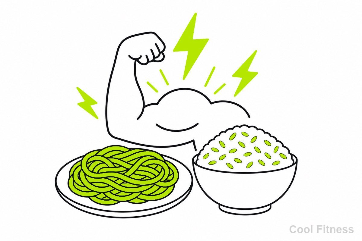 パスタやおにぎりなど糖質の皿と、エネルギーが満ちた筋肉を描いた線画イラスト。エネルギーをボルト色で強調