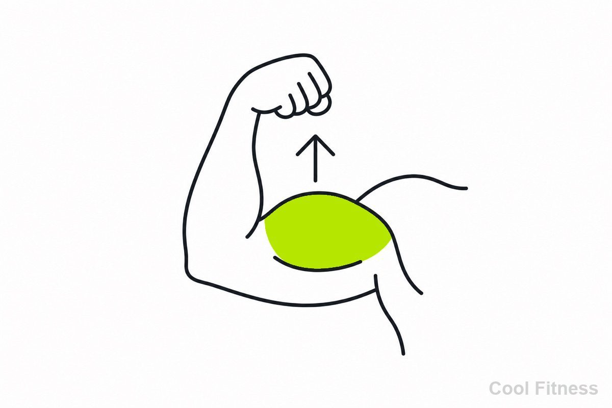 力こぶと上向き矢印を描いた線画イラスト。筋肉をボルト色で強調し、超回復で強くなるイメージ