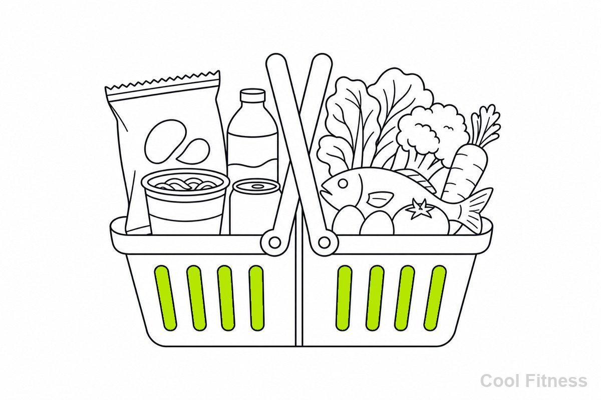 加工されたパッケージ食品と、生鮮の野菜・肉・卵を並べて比べた線画イラスト
