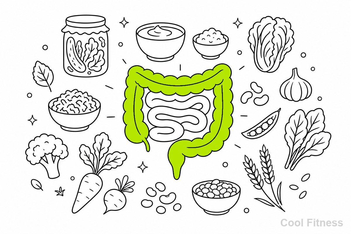 腸と、発酵食品・食物繊維の食材を描いた線画イラスト。腸をボルト色で強調