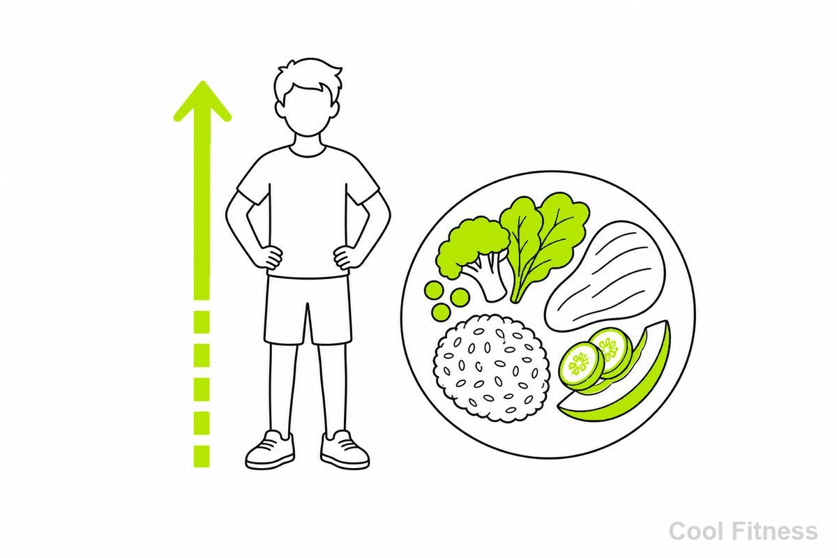成長期の体重の自然な変化と、バランスのよい食事を示した線画イラスト