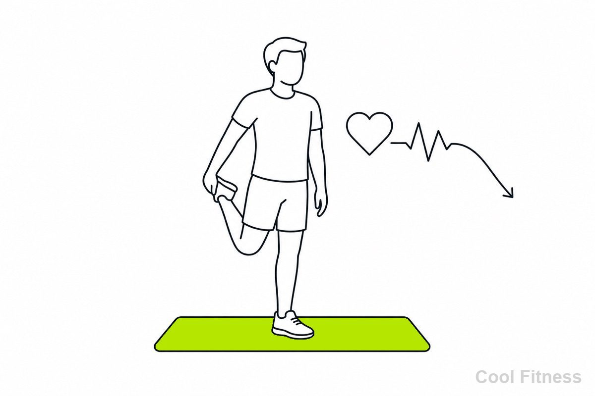 運動後に軽く歩いてストレッチをする人物と、下がっていく心拍のラインを描いた線画イラスト