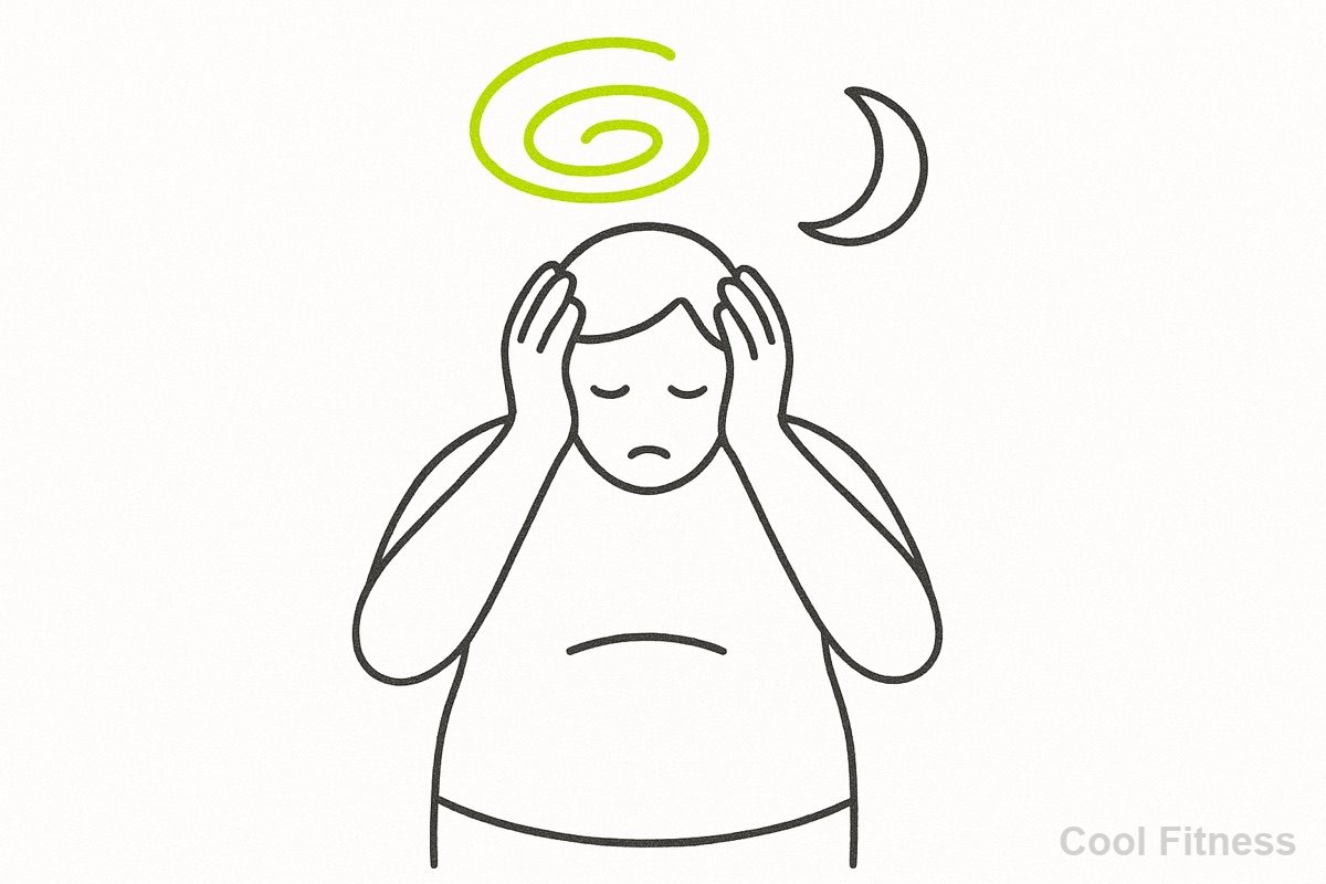 ストレスを感じる人と、ストレスホルモンの渦、睡眠を表す三日月のイラスト