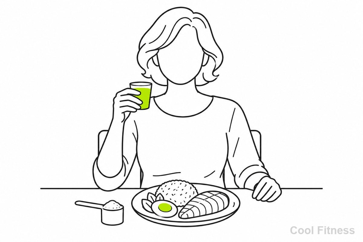 朝食の卓で小さなカップのプロテインを手にする女性と、卵・魚・ごはんのイラスト