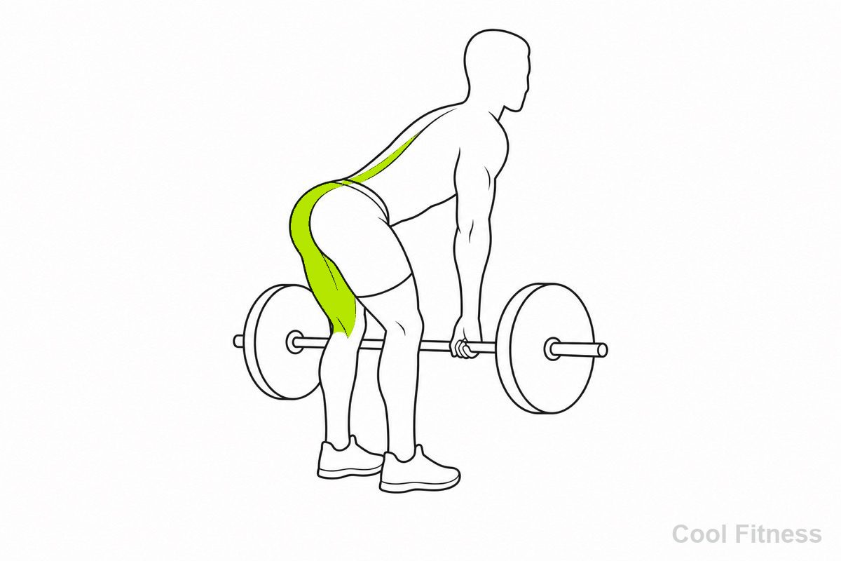 デッドリフトの姿勢をとる人物の線画イラスト。背中・お尻・もも裏をボルト色で強調