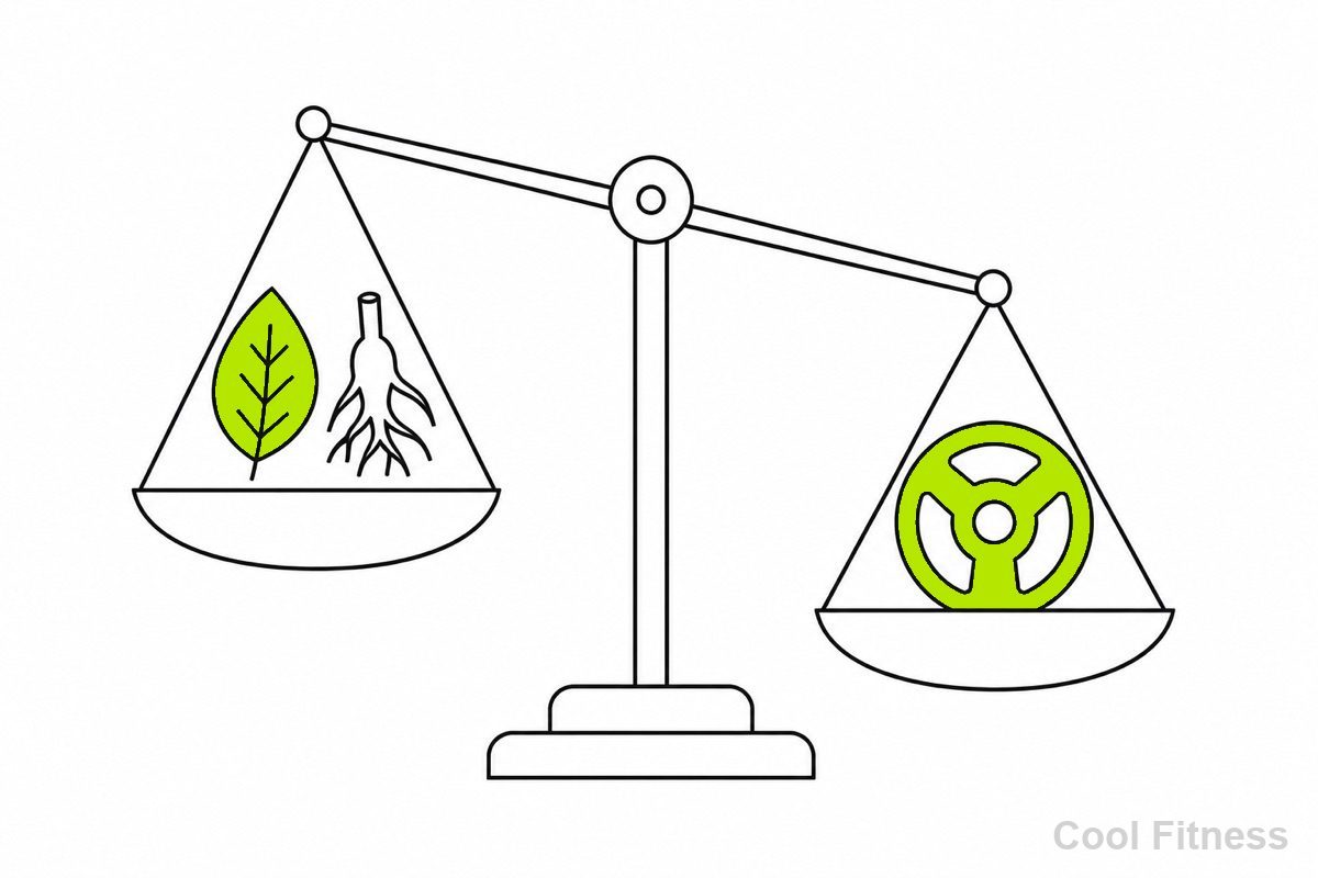 植物由来のエクジステロン成分と天秤で「効果」と「リスク」を量るイメージの線画イラスト