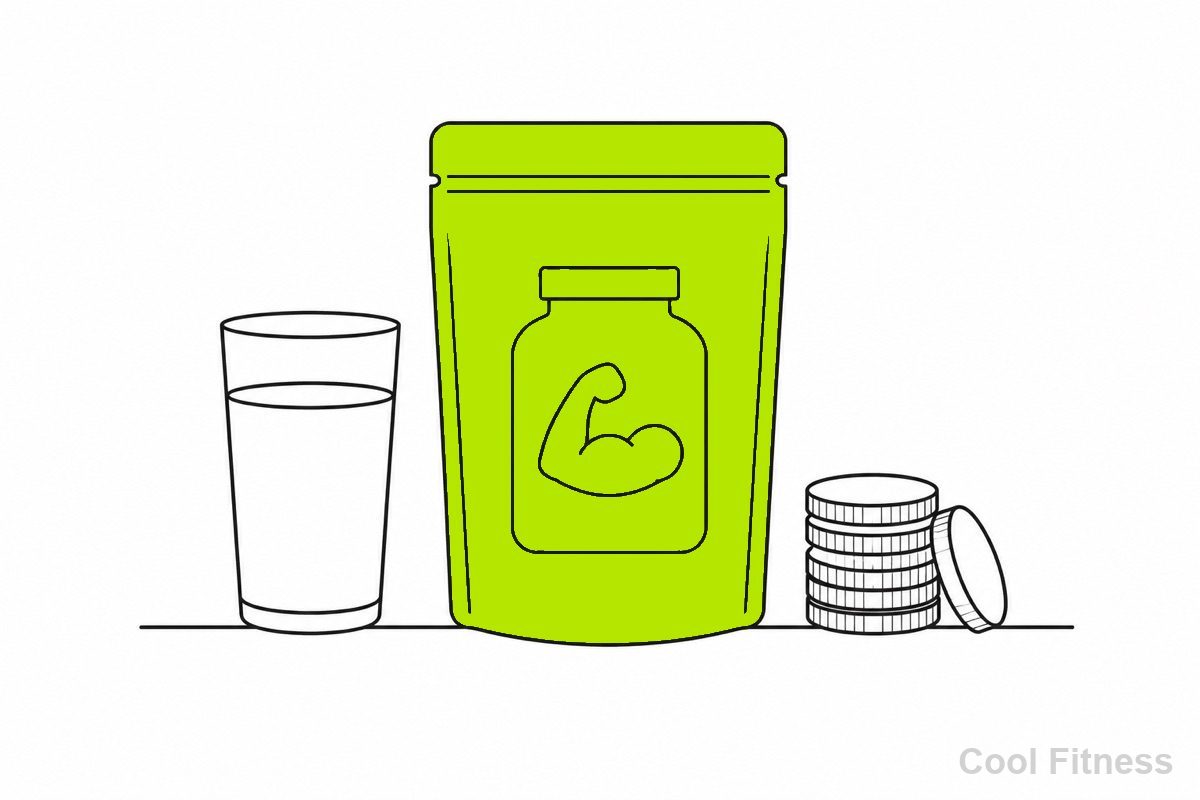 プロテインのパウチと牛乳のグラス、積まれたコインを並べた線画イラスト。パウチをボルト色で強調