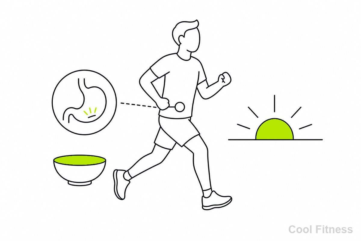 朝、何も食べずにランニングする人物と、脂肪燃焼を示すイメージを並べた線画イラスト。空腹状態をボルト色で強調