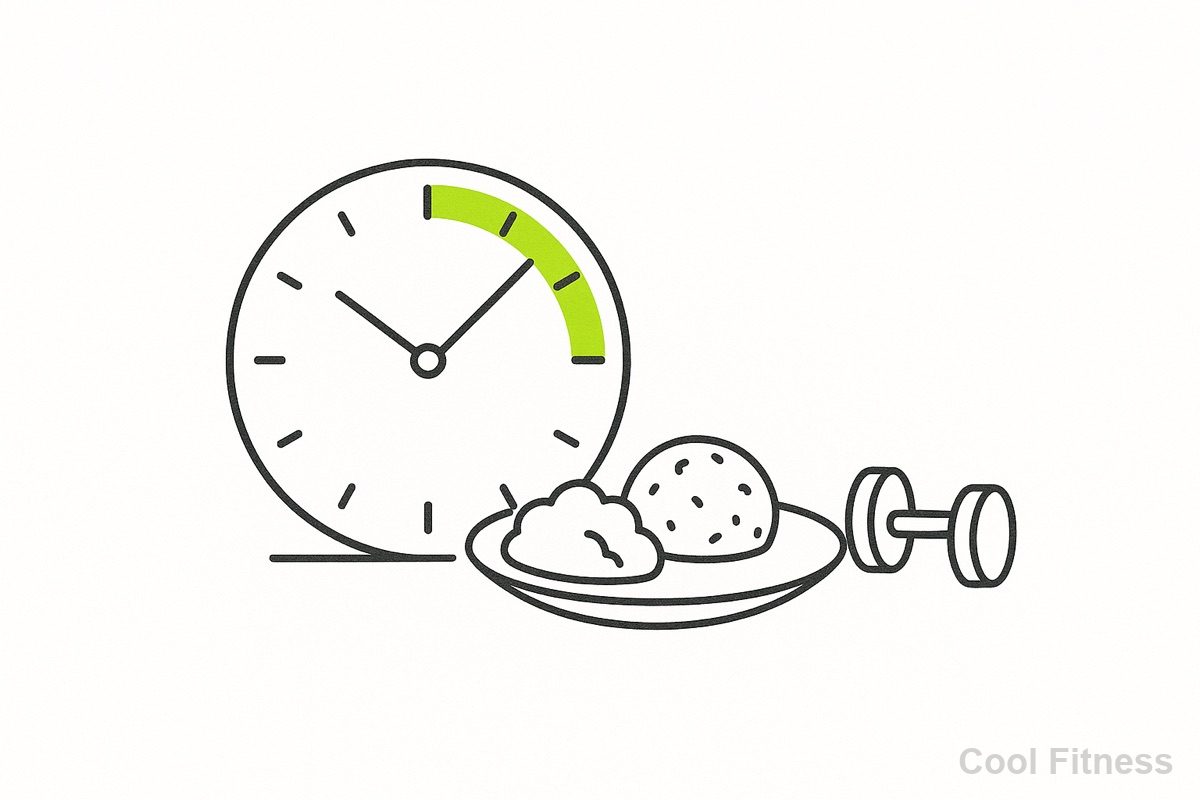 食事の時間帯を示す時計と、料理の皿、ダンベルのイラスト
