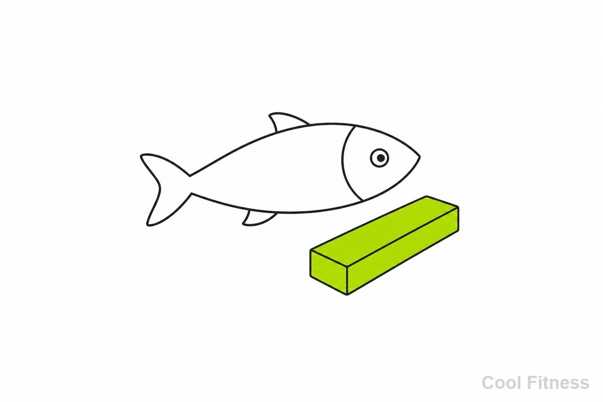 魚とプロテインバーを描いた線画イラスト。プロテインバーをボルト色で強調