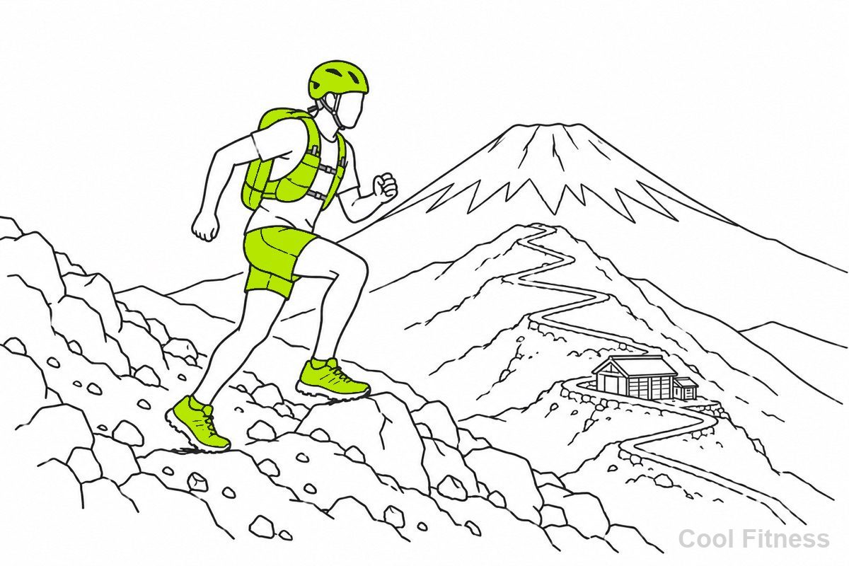 ヘルメットをかぶったランナーが、山小屋とつづら折りの登山道を背に富士山頂へ向かって岩場を駆け上がる線画イラスト
