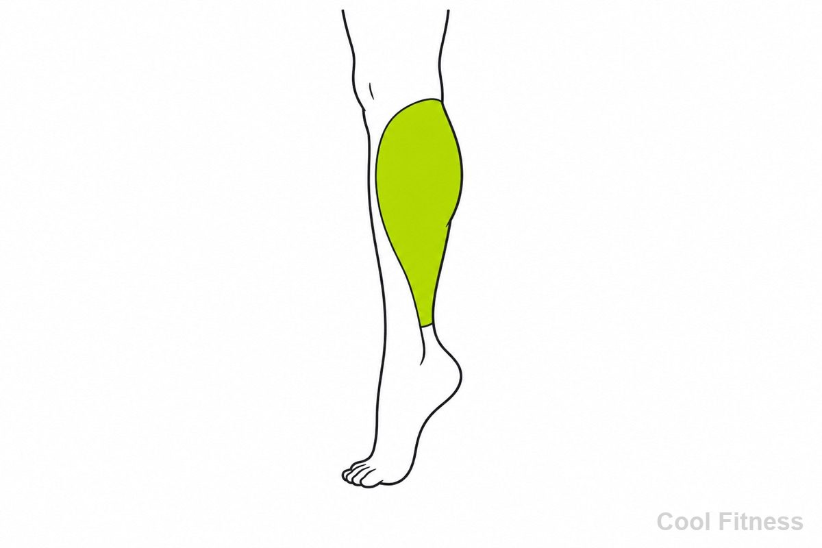 つま先立ちでふくらはぎが盛り上がった脚の線画イラスト。ふくらはぎの筋肉をボルト色で強調