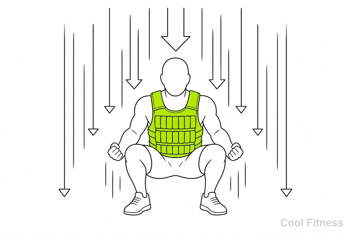 加重ベストを着て強い負荷の中でトレーニングする人物と、圧力を表す集中線を描いた線画イラスト