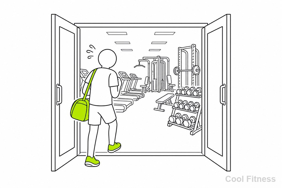 マシンが並ぶジムの入口で、緊張しながら最初の一歩を踏み出す初心者を描いた線画イラスト