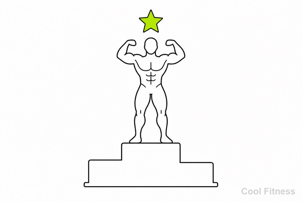 プロの舞台でポーズを取るボディビルダーのシルエットと星のバッジのイラスト