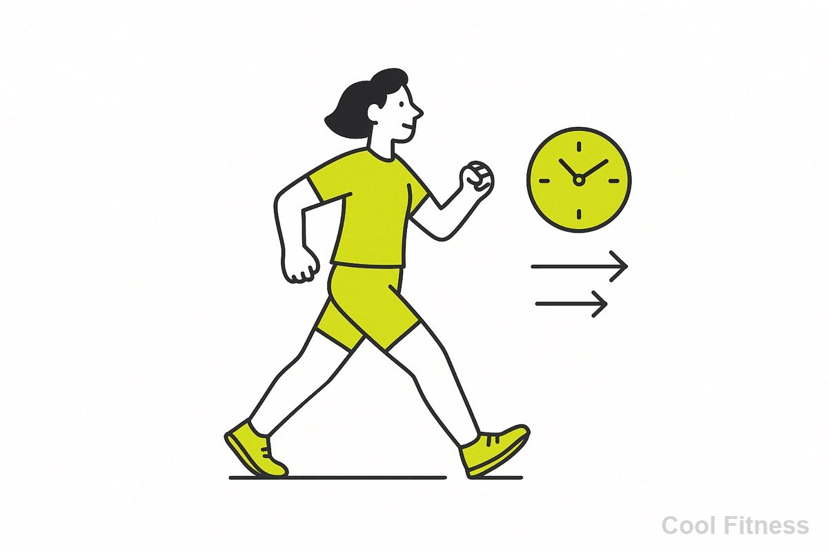 早歩きをする人と、時計・速い/遅いを表す矢印のイラスト。インターバル速歩