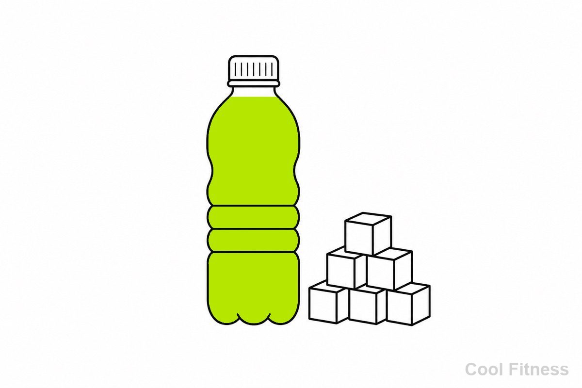 ゼロカロリー飲料のボトルと角砂糖を比較する線画イラスト。ゼロカロリーのボトルをボルト色で強調