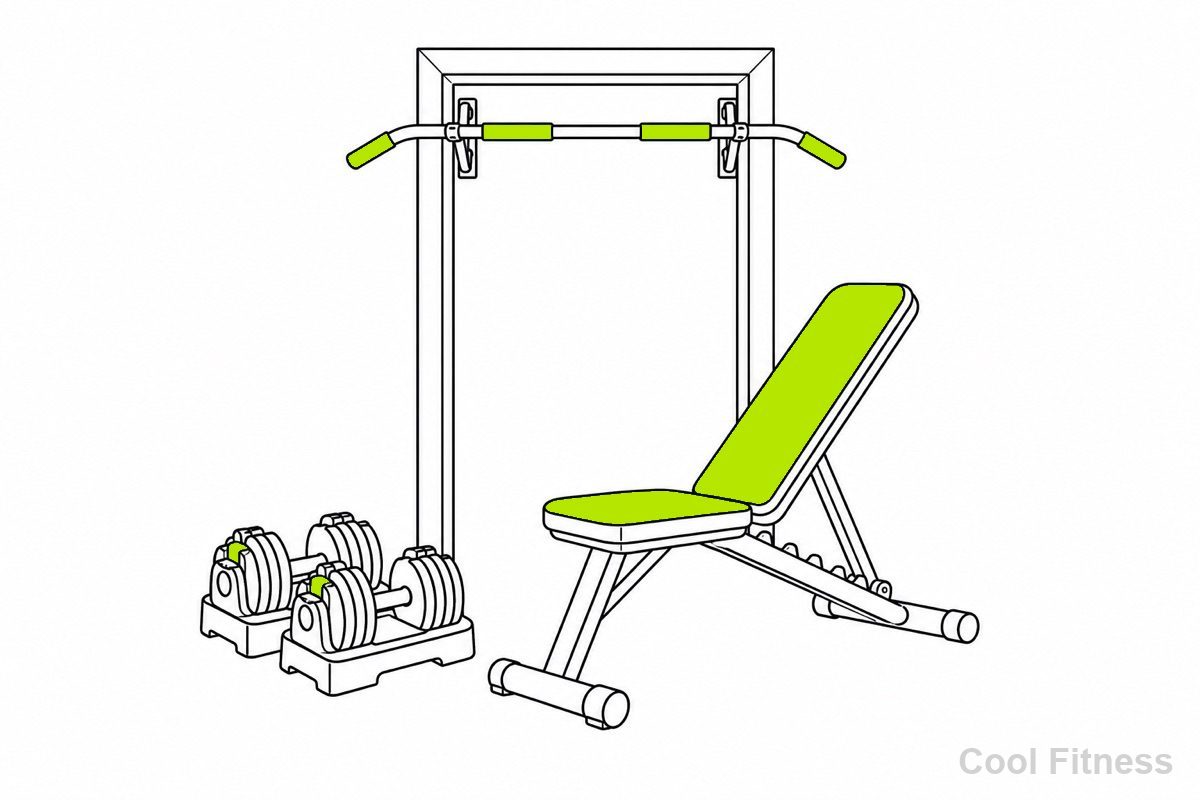 可変式ダンベル・ベンチ・懸垂バーなど自宅トレーニング器具を並べたイラスト