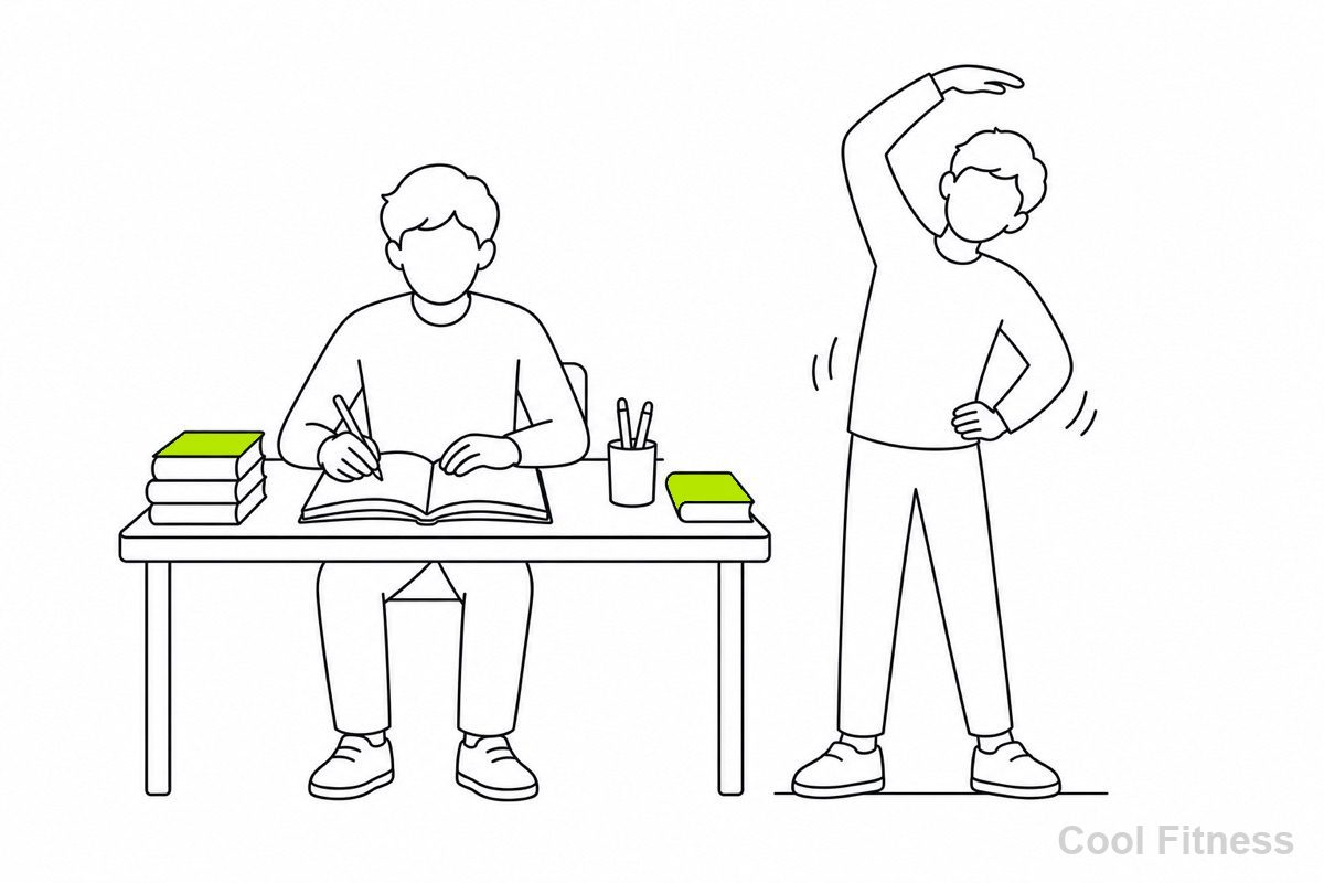机で勉強する受験生と、休憩に軽く体を動かす様子を組み合わせた線画イラスト