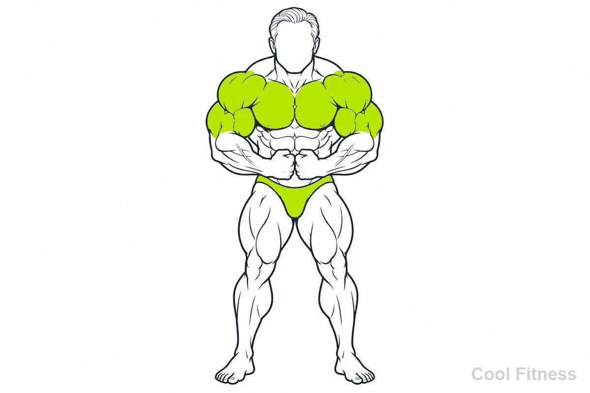 モストマスキュラーのポーズをとる男性ボディビルダーの線画イラスト。肩と腕、胸の筋肉をライム色で示している