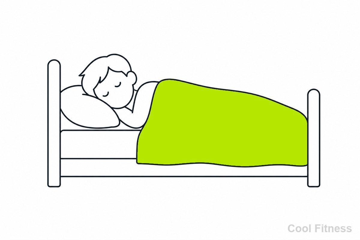 ベッドで眠る人と回復を表す線画イラスト。休んで回復する体をボルト色で強調