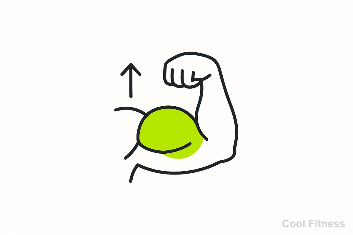 力こぶを見せる腕と、上向きの矢印のイラスト（筋肉の成長）
