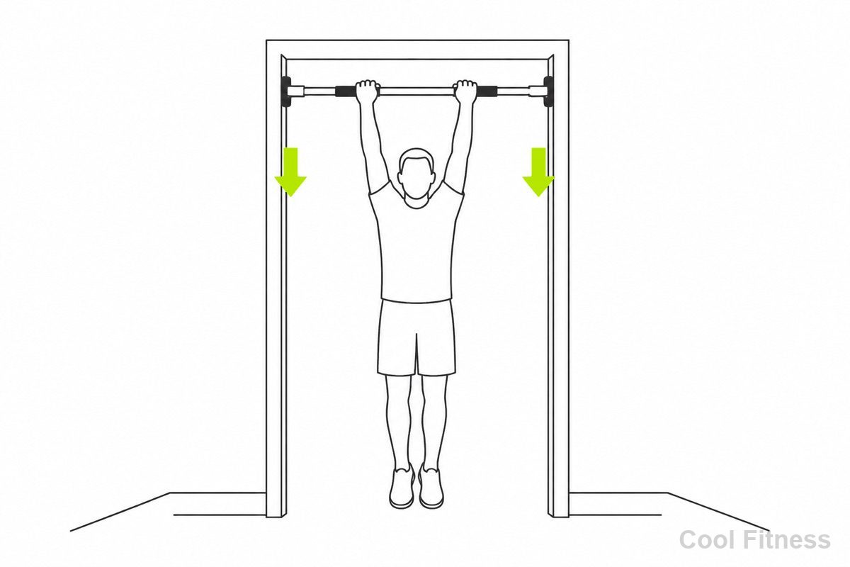 ドア枠に取り付けた懸垂バーにぶら下がる人物の線画イラスト。枠にかかる下向きの力をボルト色の矢印で表現