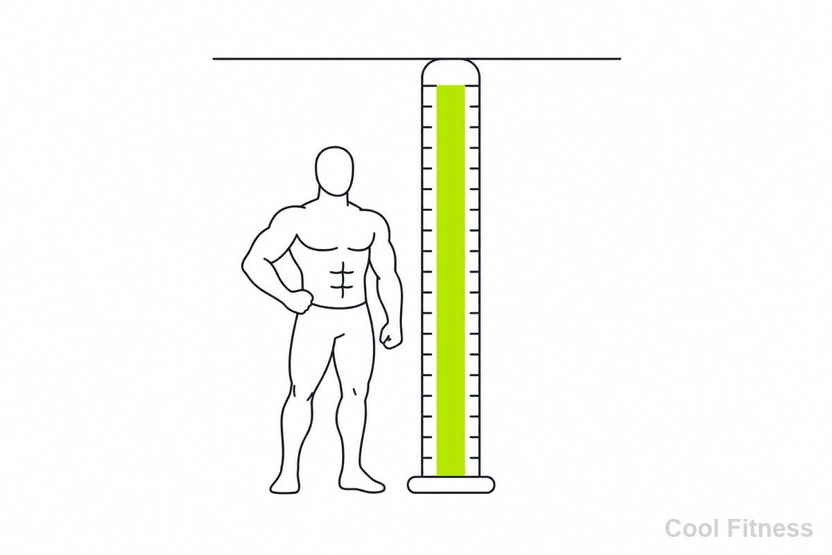 筋肉のついた人体シルエットの隣に、上限ラインまで伸びる目盛りを描いた線画イラスト