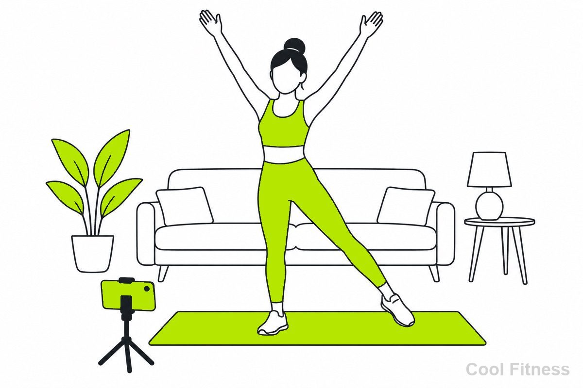 リビングでスマホの動画を見ながら、両腕を上げて片脚を横に出す運動をする人物の線画イラスト