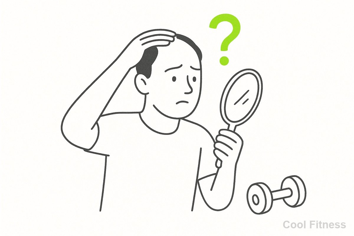 手鏡で生え際を気にする男性と、ダンベル、疑問符のイラスト