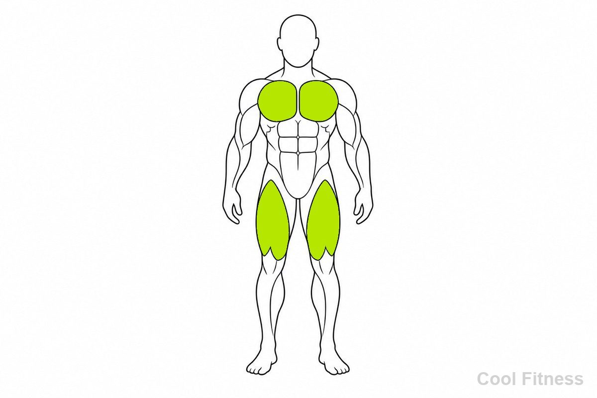 人体の大きな筋肉（胸・脚）をボルト色で強調した線画イラスト。大きい筋肉から鍛える順番を示す