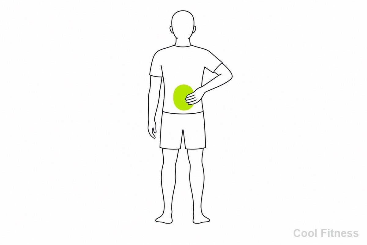 腰に手を当てて姿勢を確認する人物の線画イラスト。腰まわりをボルト色で示す