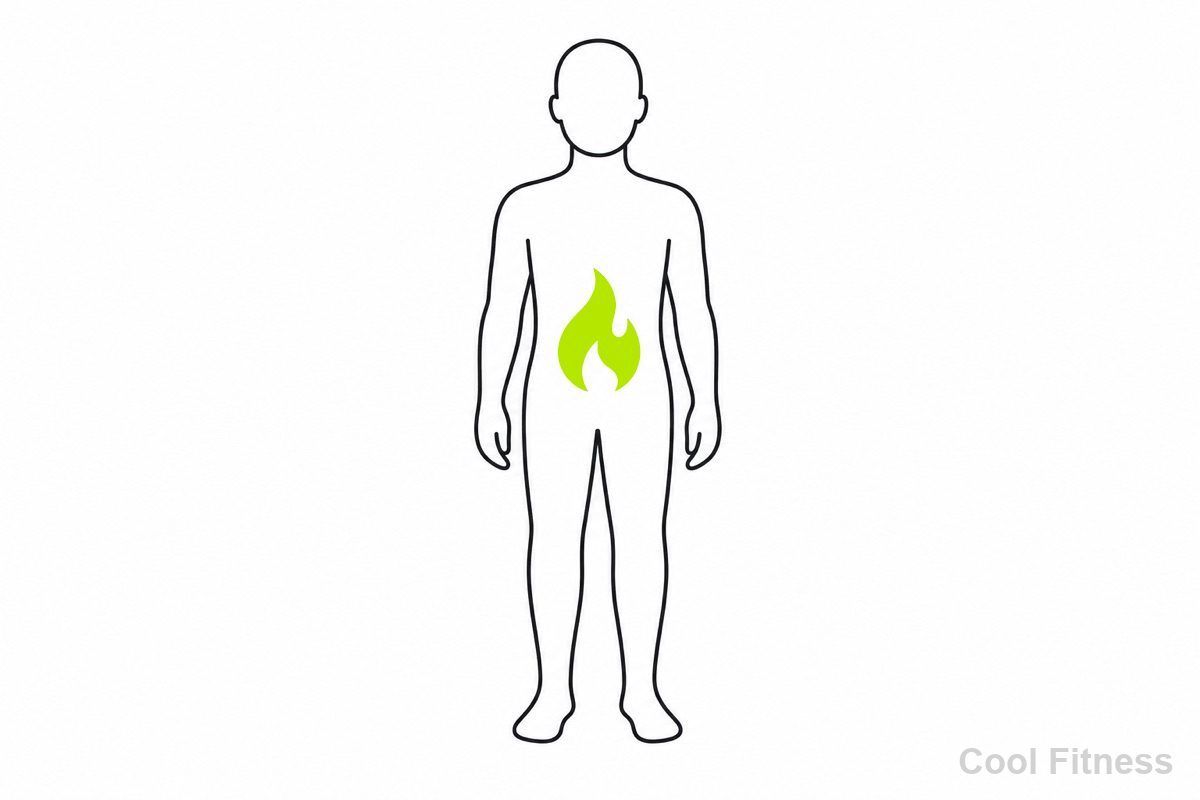 体の内側でエネルギーを燃やすイメージの線画イラスト。体の中心をボルト色で強調