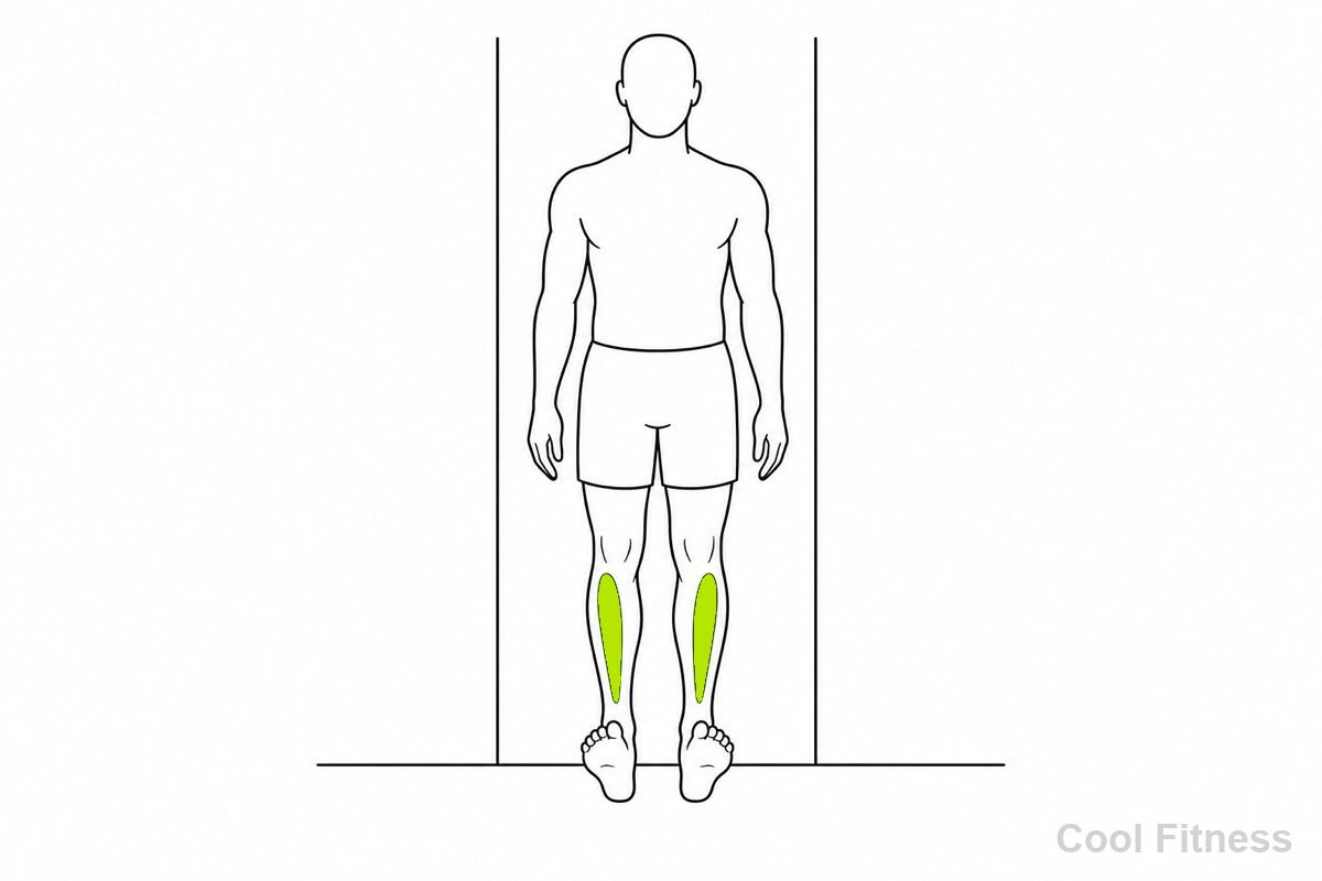 壁に背中をつけてつま先を上げる（前脛骨筋トレ）人物の線画イラスト。すね前の筋肉をボルト色で強調