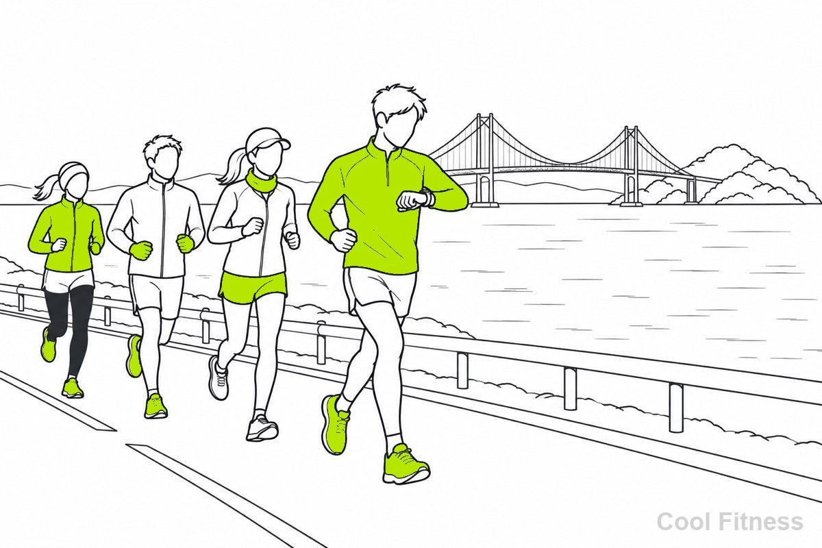 穏やかな海沿いの平らな道を、秋のランニングウェアの集団が走る線画イラスト。背景には島へ渡る長い吊り橋が見え、先頭のランナーが腕時計でペースを確かめている