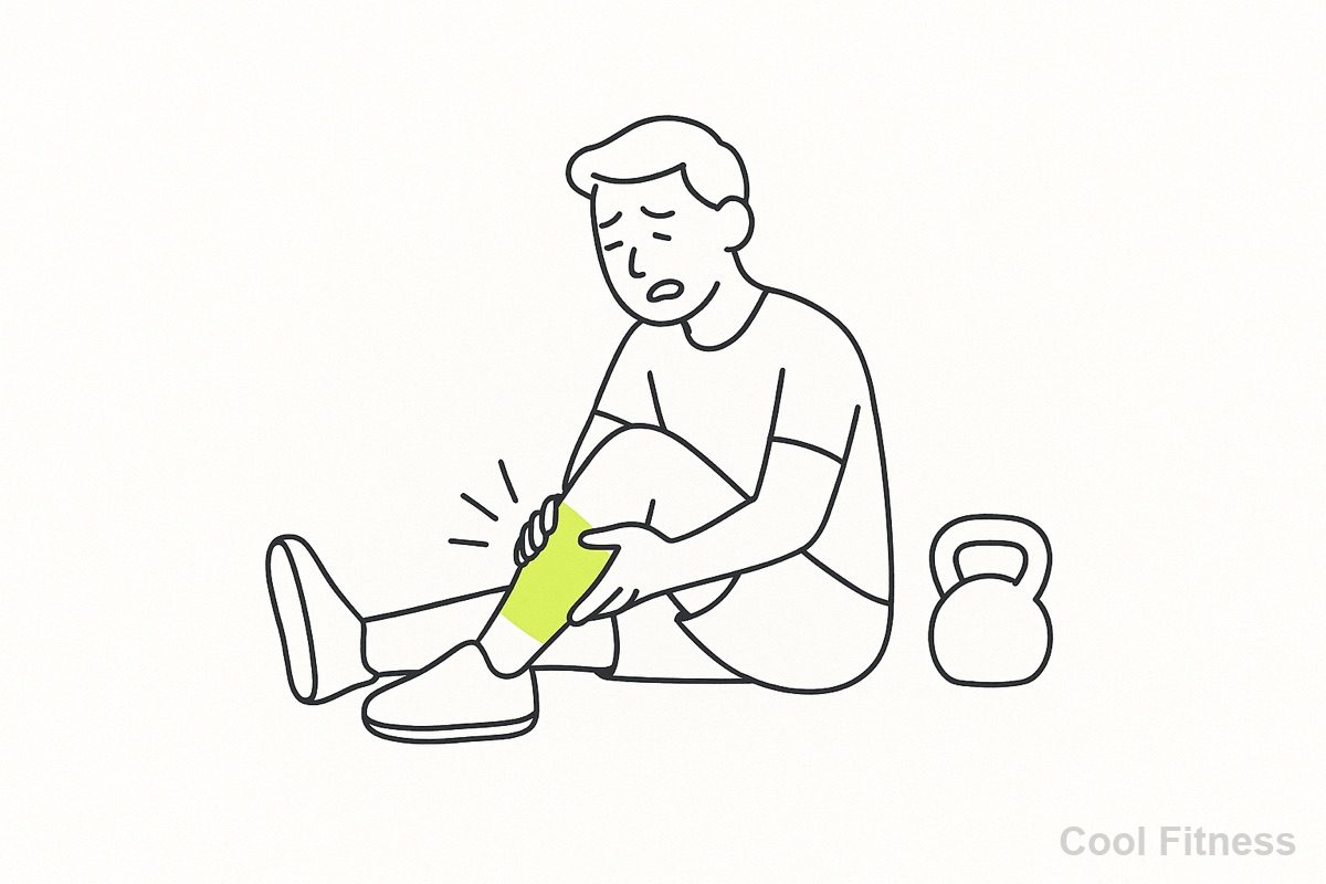 床に座ってふくらはぎ（こむら返り）をおさえて痛がる人のイラスト