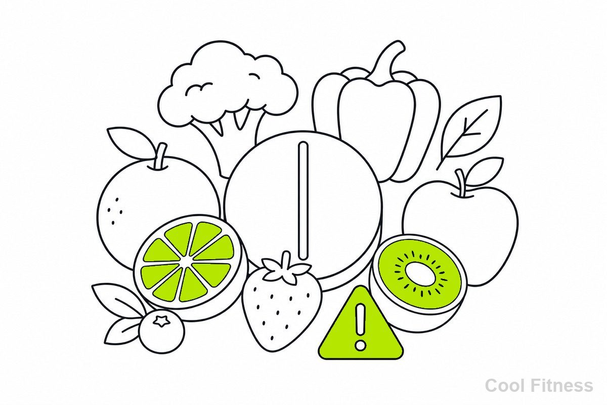 ビタミンCのサプリと色とりどりの果物・野菜、注意マークを描いた線画イラスト
