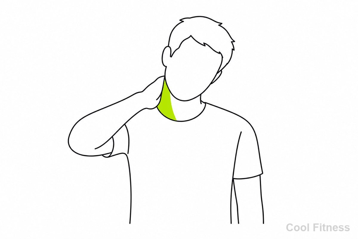 首の後ろを押さえて痛みを確かめる人物の線画イラスト。首をボルト色で示す