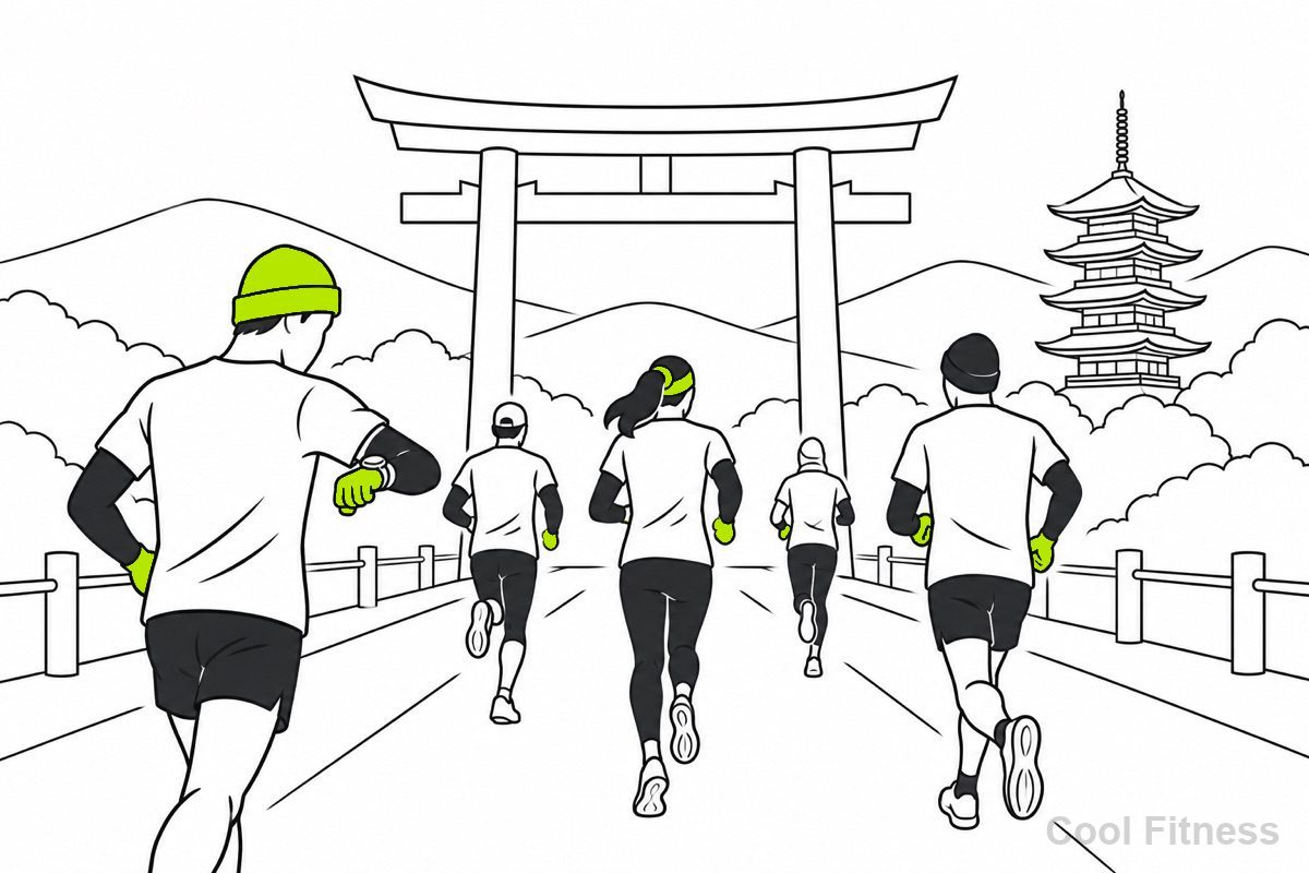 大きな鳥居へ向かって、ニット帽と手袋の冬装備で道路を走るランナーの集団。背景に五重塔と低い山並みがあり、手前のランナーが腕時計でペースを確かめている線画イラスト